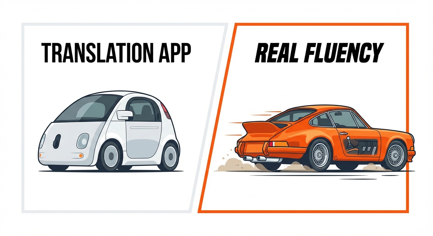 Contrast between a self-driving pod and a vintage manual sports car